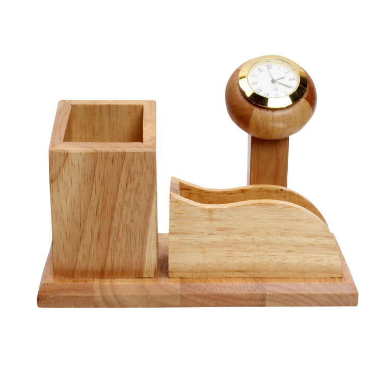 WoodenDeskTopPenStandWithClock